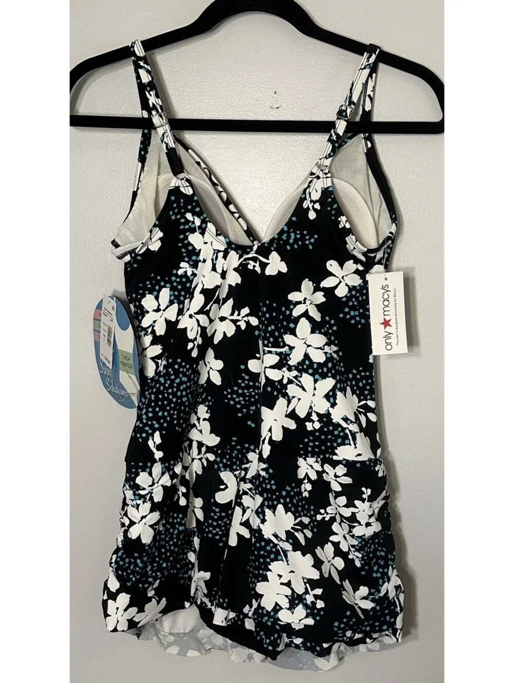 NWTS Swim Solutions Macys Slimming 1 Pc Black Floral Ruffled Ruched Swimsuit 14.